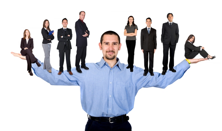 business man with arms open hands facing up with his team